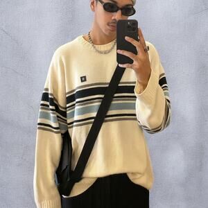 Vintage 2000s Southpole Striped Knit Sweater White Blue Streetwear Size XL